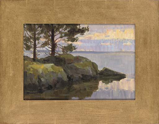 Leonid Petrovitch Baikov - Rocky cove; Wooded landscape; Magenta mountains; The little estuary; Autumnal breeze; and Bullrushes blowing in the wind