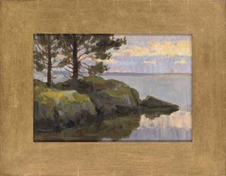 Leonid Petrovitch Baikov - Rocky cove; Wooded landscape; Magenta mountains; The little estuary; Autumnal breeze; and Bullrushes blowing in the wind