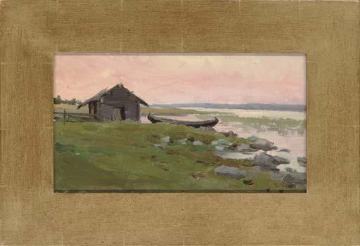 Leonid Petrovitch Baikov - The boat house; Houses by the waters edge; Low tide; Moored boats; Boat in the shallows; Melting snow