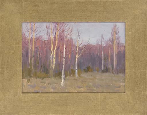 Leonid Petrovitch Baikov - The sun setting over a wood; A view across the valley; Green pastures; The forest edge; Looking towards the wood; and Melting snow