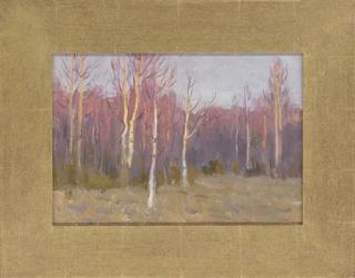 Leonid Petrovitch Baikov - The sun setting over a wood; A view across the valley; Green pastures; The forest edge; Looking towards the wood; and Melting snow