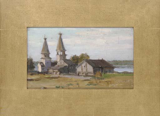 Leonid Petrovitch Baikov - The village church; Farm houses; Queuing outside the shop; Night light; The old windmill; Figures outside a hut