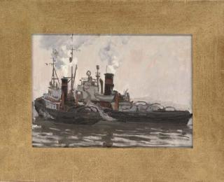 Leonid Petrovitch Baikov - Two steam boats; The quay at sunset; Crossing the river; Departing from the dock; Mending the boat; and On the banks of the river