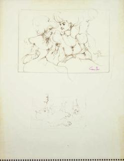 Leonor Fini - Feuille d\'études: Trois femmes assises, étude de moutons et une tête d\'homme (recto); Etude de tête d\'homme (verso)