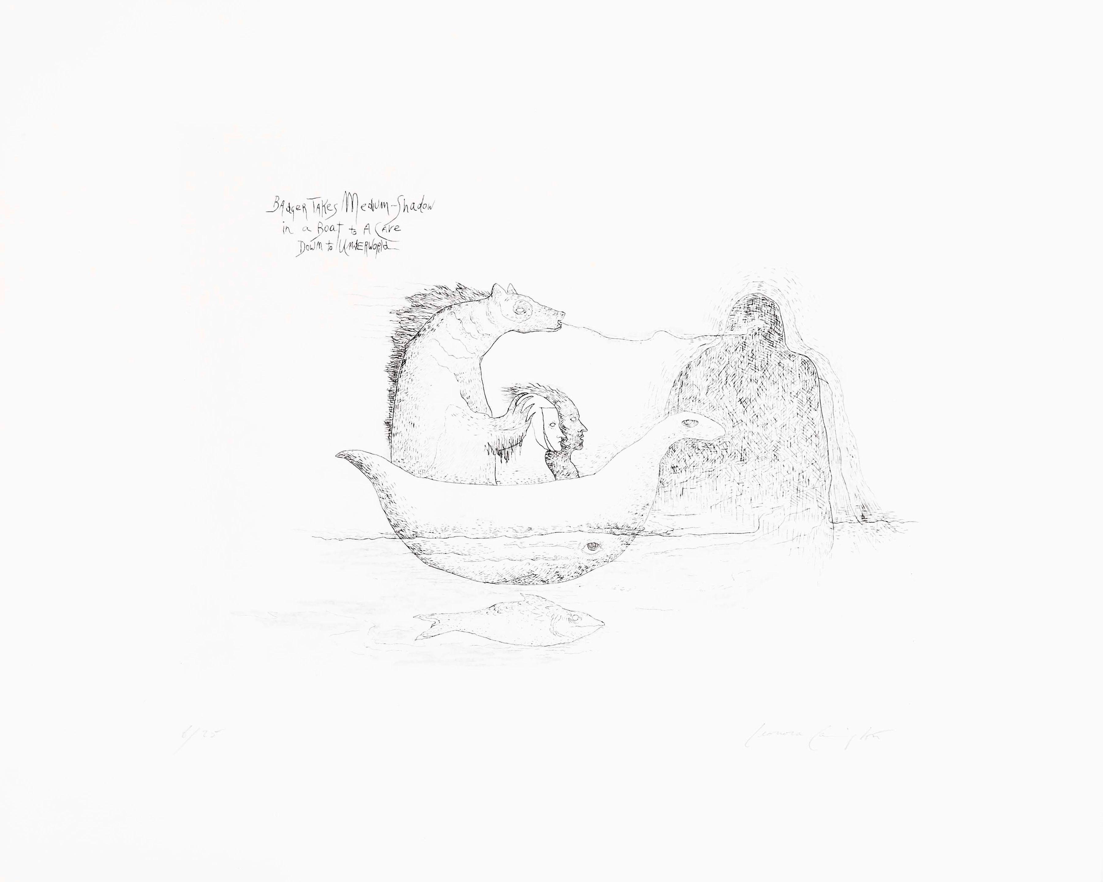 Leonora Carrington - Badger Takes Medium-Shadow In A Boat To A Cave Down To Underworld, From Badger Suite