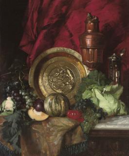 Leopold Bara - A salver, a copper ewer, a silver vessel, a cabbage, grapes, tomatoes, melons on a draped table.