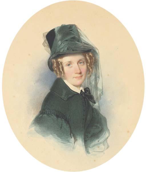 Léopold Fischer - Portrait de jeune femme en buste avec un chapeau haut-de-forme surmonté d\'un voile