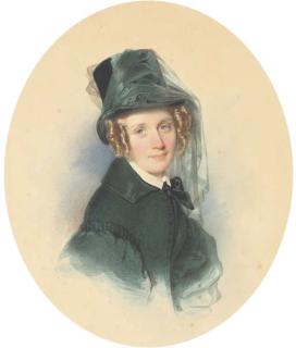 Léopold Fischer - Portrait de jeune femme en buste avec un chapeau haut-de-forme surmonté d\'un voile