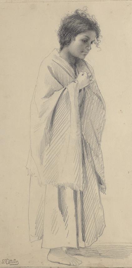 Leopold Karl Muller - A young girl standing barefoot, wrapped in a shawl