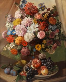 Leopold Stoll - An Abundant Still Life Of Fruit And Flowers