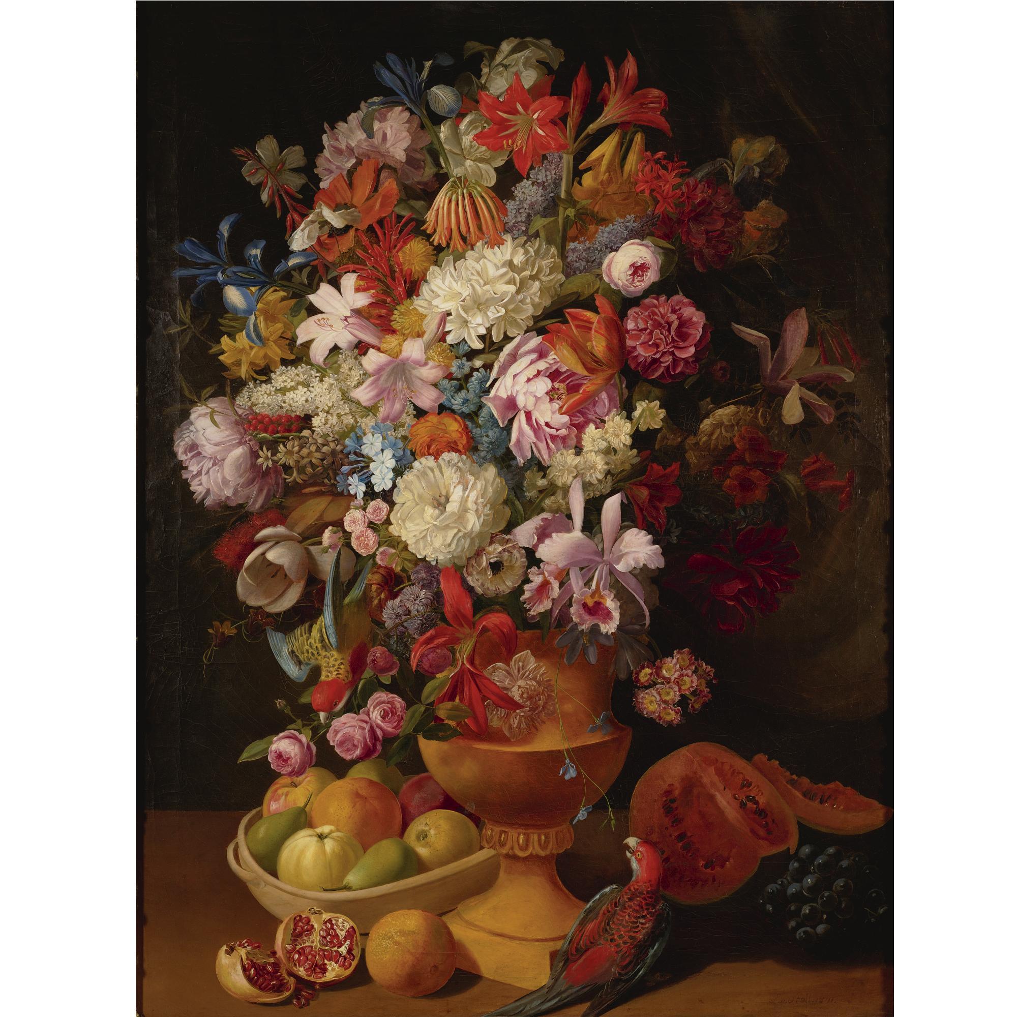 Leopold Von Stoll - Still Life With Flowers, Fruit And Parrot