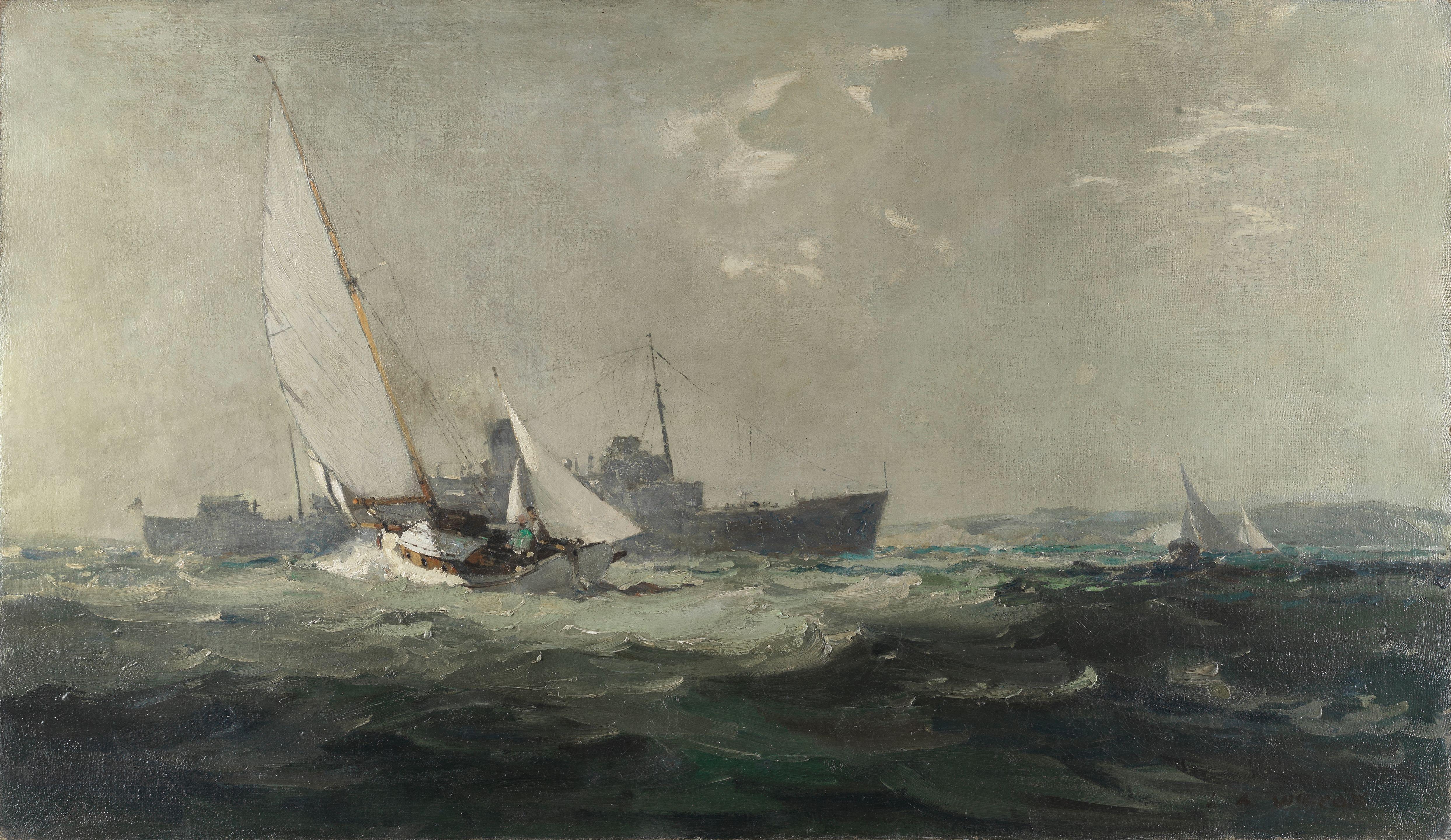 Leslie Arthur Wilcox - Sailing in choppy waters, a naval warship beyond