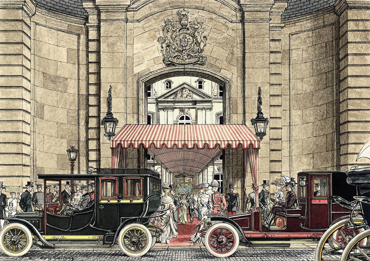 Leslie Saalburg - Elegant figures arriving for a reception at the British Embassy, Paris (illustrated); and Cars passing John Lobb, bootmaker\'s, Paris