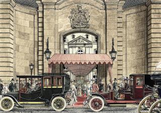 Leslie Saalburg - Elegant figures arriving for a reception at the British Embassy, Paris (illustrated); and Cars passing John Lobb, bootmaker\'s, Paris