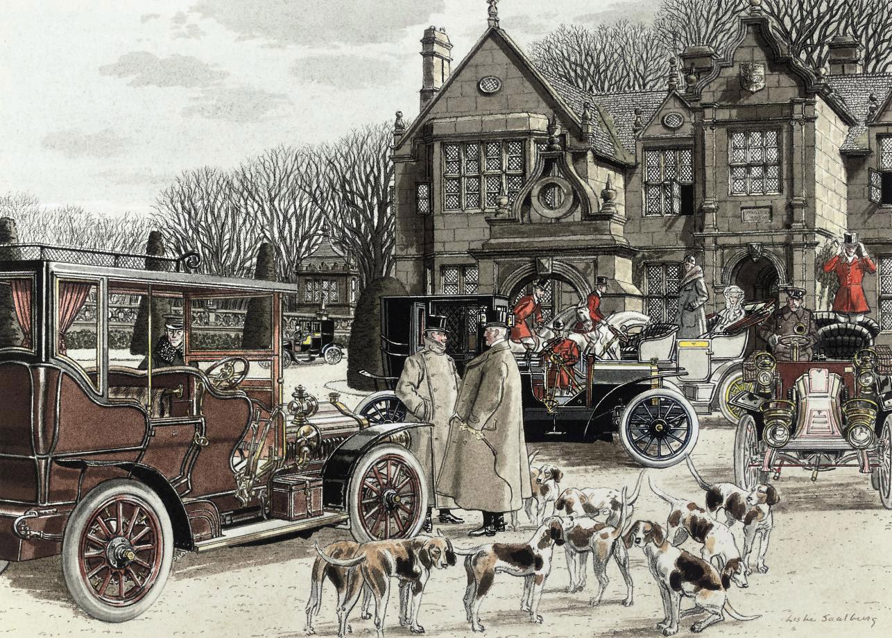 Leslie Saalburg - Huntstmen gathering for a winter\'s morning meet (illustrated); Picnic lunch at a point-to-point; and Rolls Royce on Gold Cup Day, Ascot