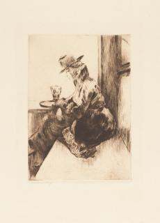 Lesser Ury - 2 Bll.: Dame im Kaffee – Dame mit Kind im Tiergarten.