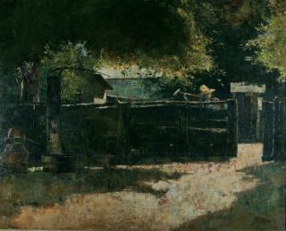 Lesser Ury - Bauerngehöft mit Brunnen.