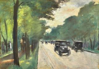 Lesser Ury - Berliner Strassenmotiv Mit Automobilen Und Alleebäumen, Links Reitweg Mit Reiter Und Fussgänger (Berlin Street Scene With Cars And Trees, To The Left A Path With Rider And Pedestrians)