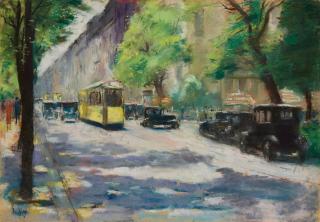 Lesser Ury - Blick auf die Konditorei Moritz Dobrin in der Lennéstraße 1 im Tiergarten, Berlin