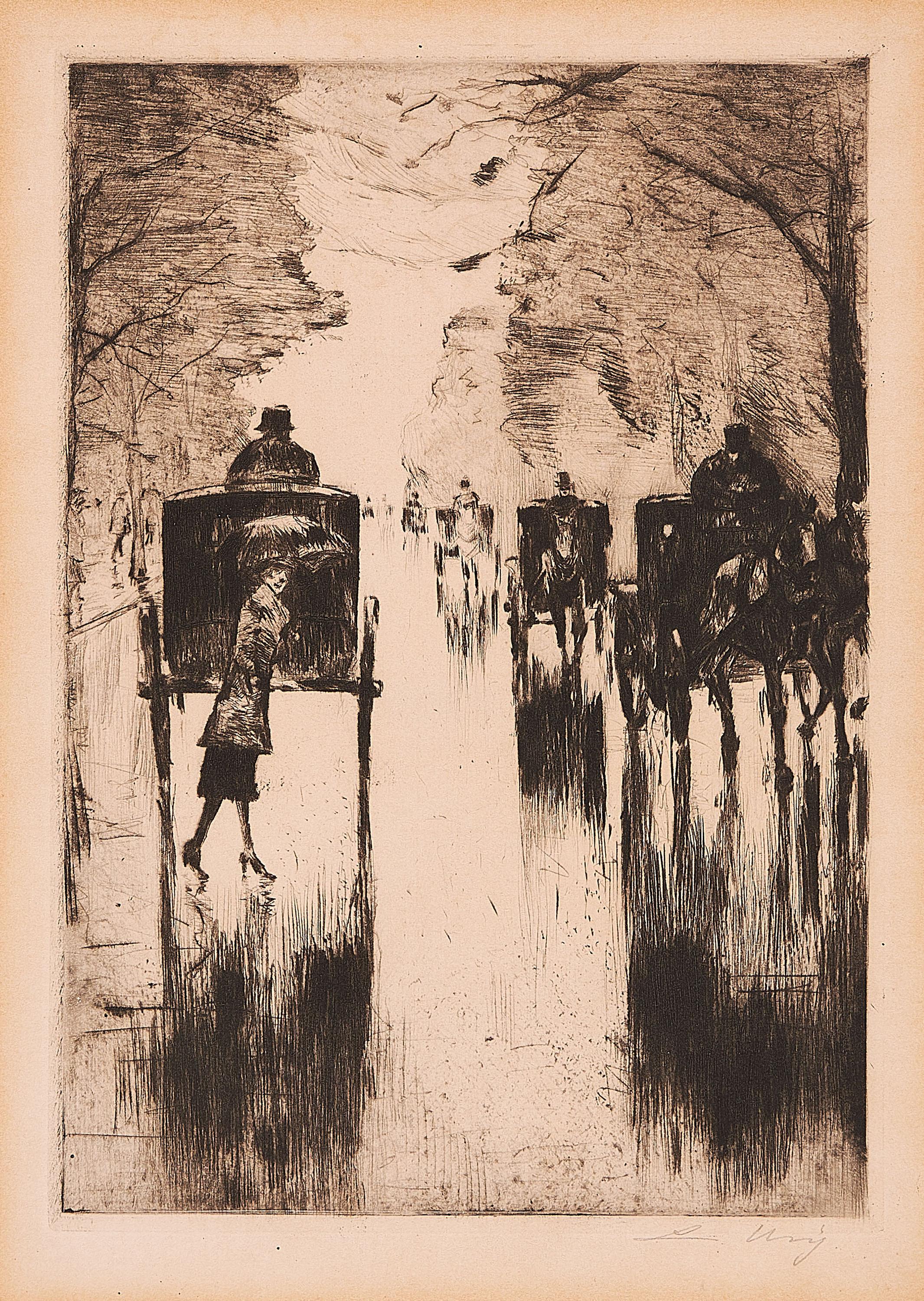 Lesser Ury - Regennasse Tiergartenallee mit Pferdedroschken: Dame mit Schirm überquert die Straße.