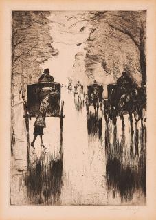 Lesser Ury - Regennasse Tiergartenallee mit Pferdedroschken: Dame mit Schirm überquert die Straße.