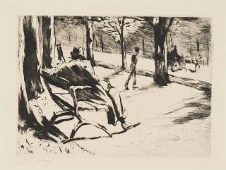 Lesser Ury - Zeitungsleser mit Filzhut im Tiergarten.