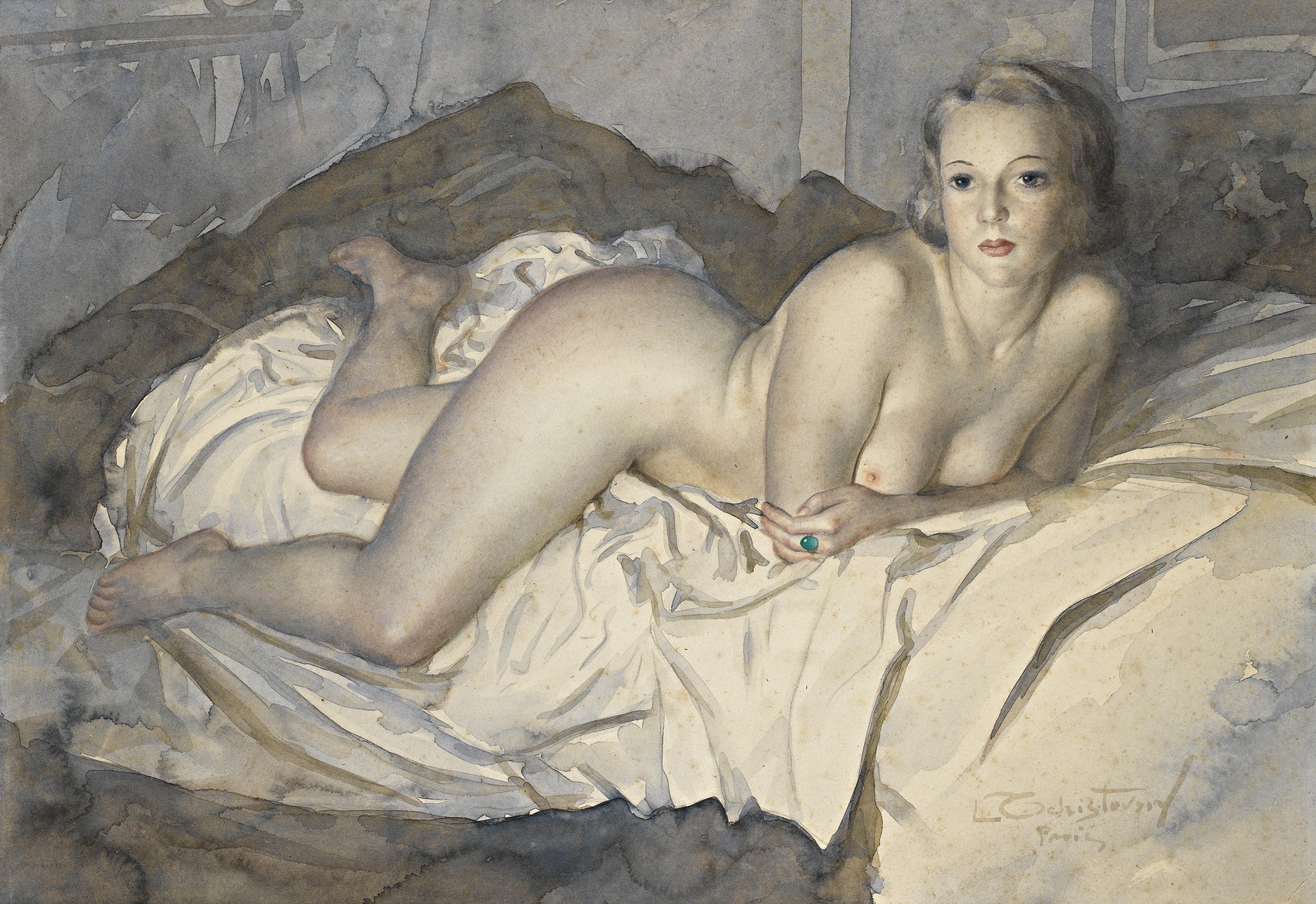 Lev Chistovsky - Reclining Nude Wearing A Green Ring