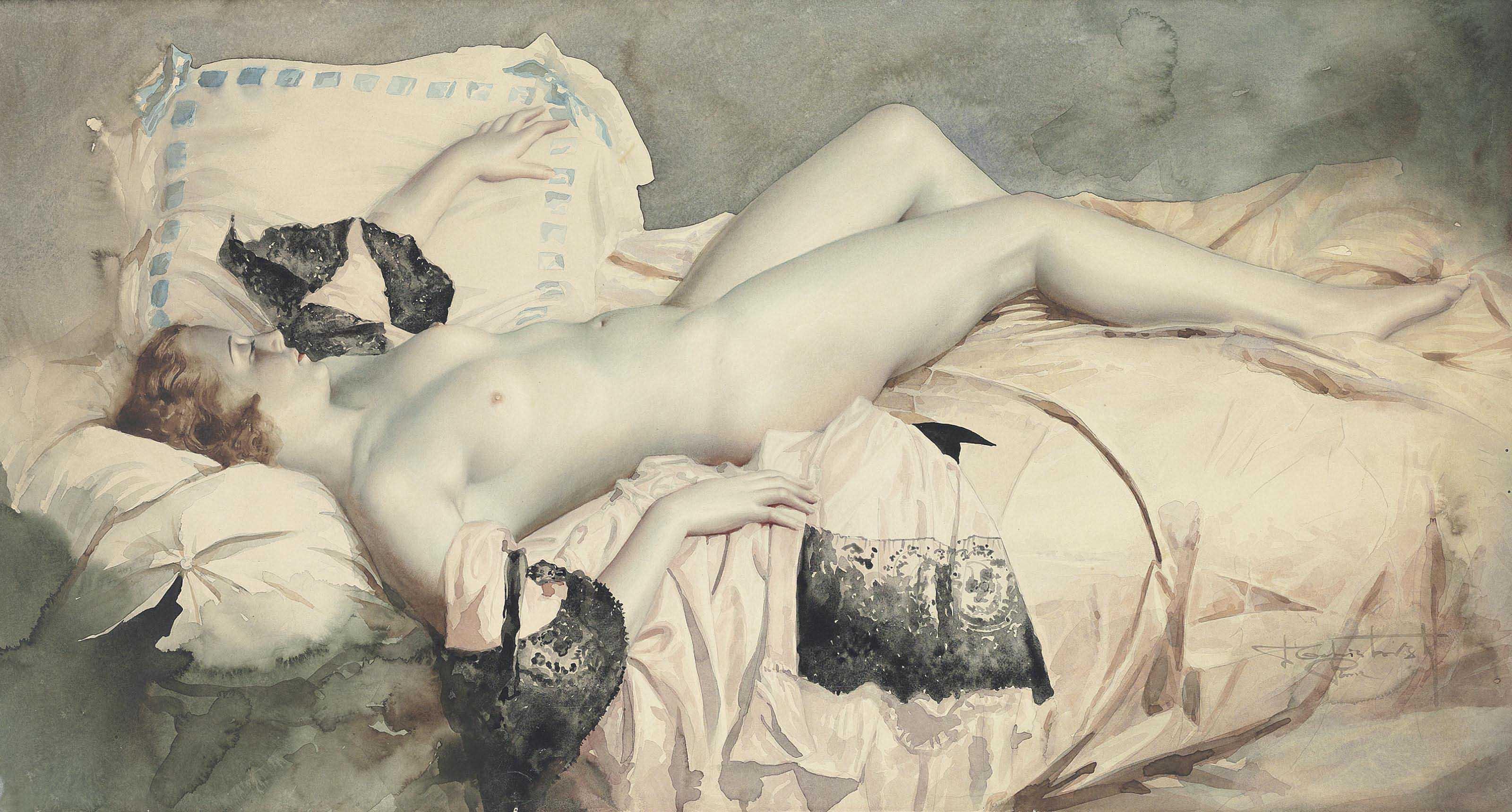 Lev Tchistovsky - Reclining nude in black lace negligee