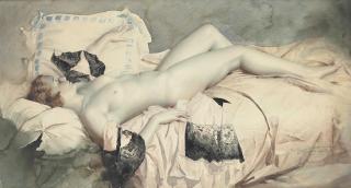 Lev Tchistovsky - Reclining nude in black lace negligee