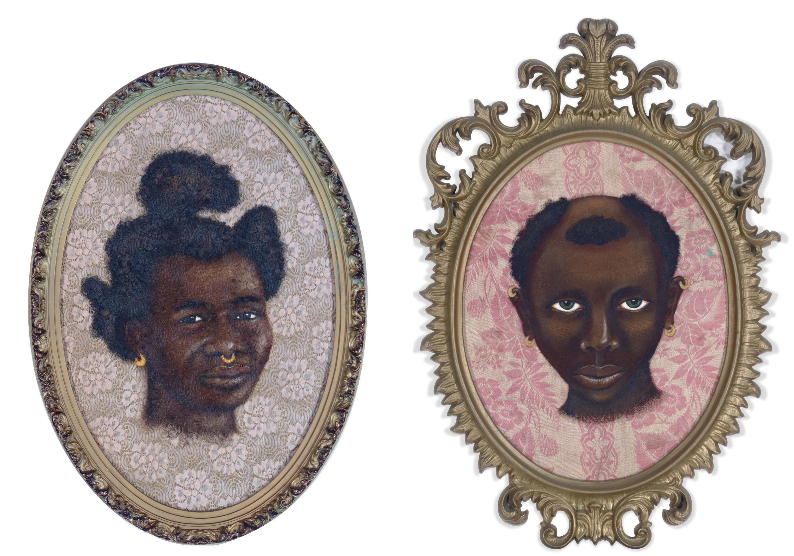 Lezley Saar - Things Fall Apart: Kanuri Woman (African Series)   signed and dated \'Lezley Saar \'99\' (on the reverse)     acrylic on fabric laid down on board in artist frame 26 x 18 in. (66 x 45.7 cm.)    Executed in 1999.  Things Fall Apart: Young Woman from Mali