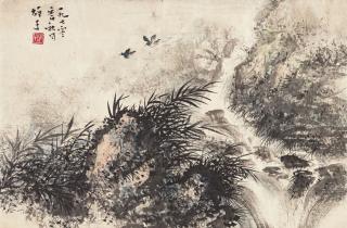 Li Xiongcai - Waterfall and Two Swallows