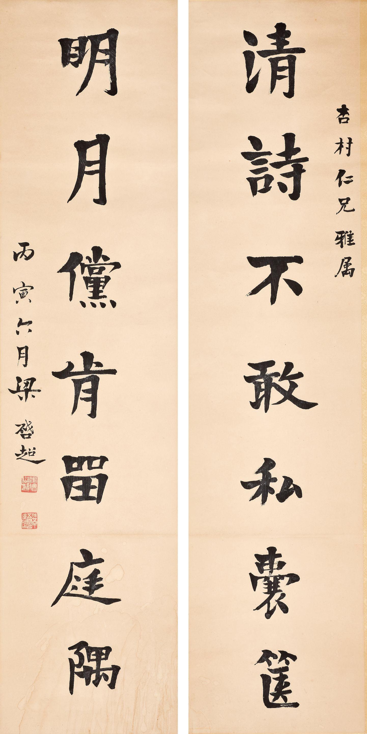 Liang Qichao - Calligraphy Couplet in Regular Script, 1926