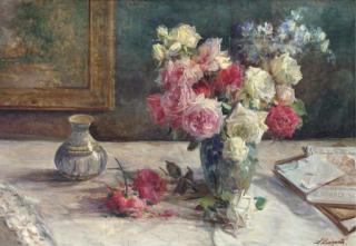 Licinio Barzanti - Roses, A Vase And Some Books On A Table