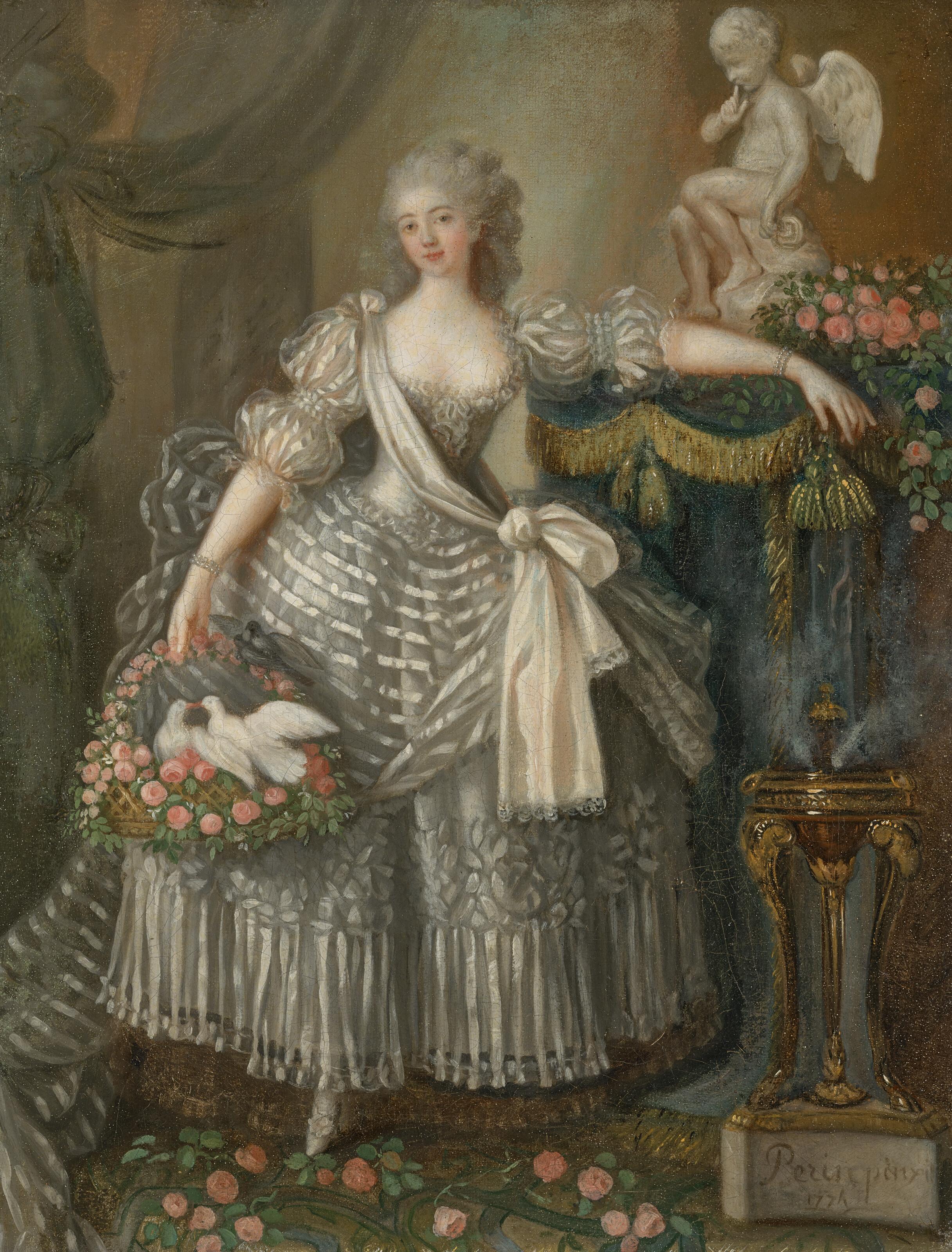 Lié Louis Périn-Salbreux - Portrait de Mademoiselle Duthé, en pied, portant des colombes dans un panier