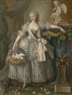 Lié Louis Périn-Salbreux - Portrait de Mademoiselle Duthé, en pied, portant des colombes dans un panier