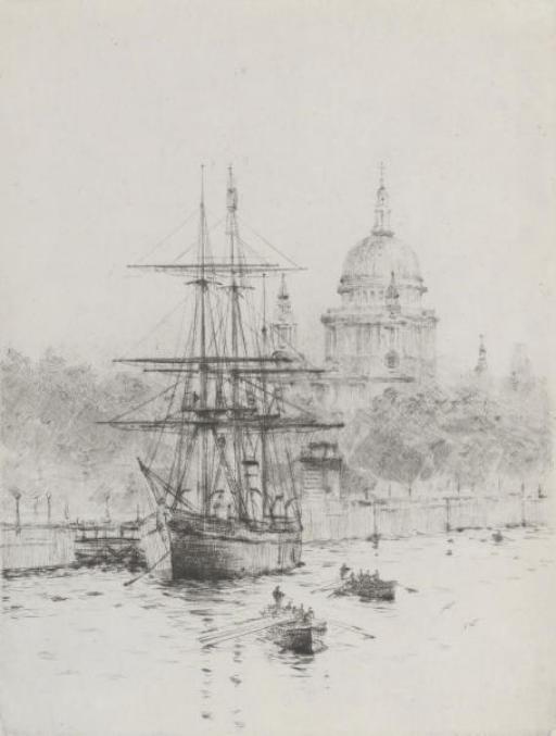 Lieutenant-Commander Rowland John Robb Langmaid, R.S.M.A. - Scott\'s Discovery moored on the embankment (illustrated); and The Pool of London