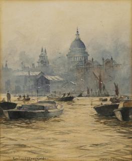 Lieutenant-Commander Rowland Robb John Langmaid, S - Shipping on the Thames with St Paul\'s Cathedral behind