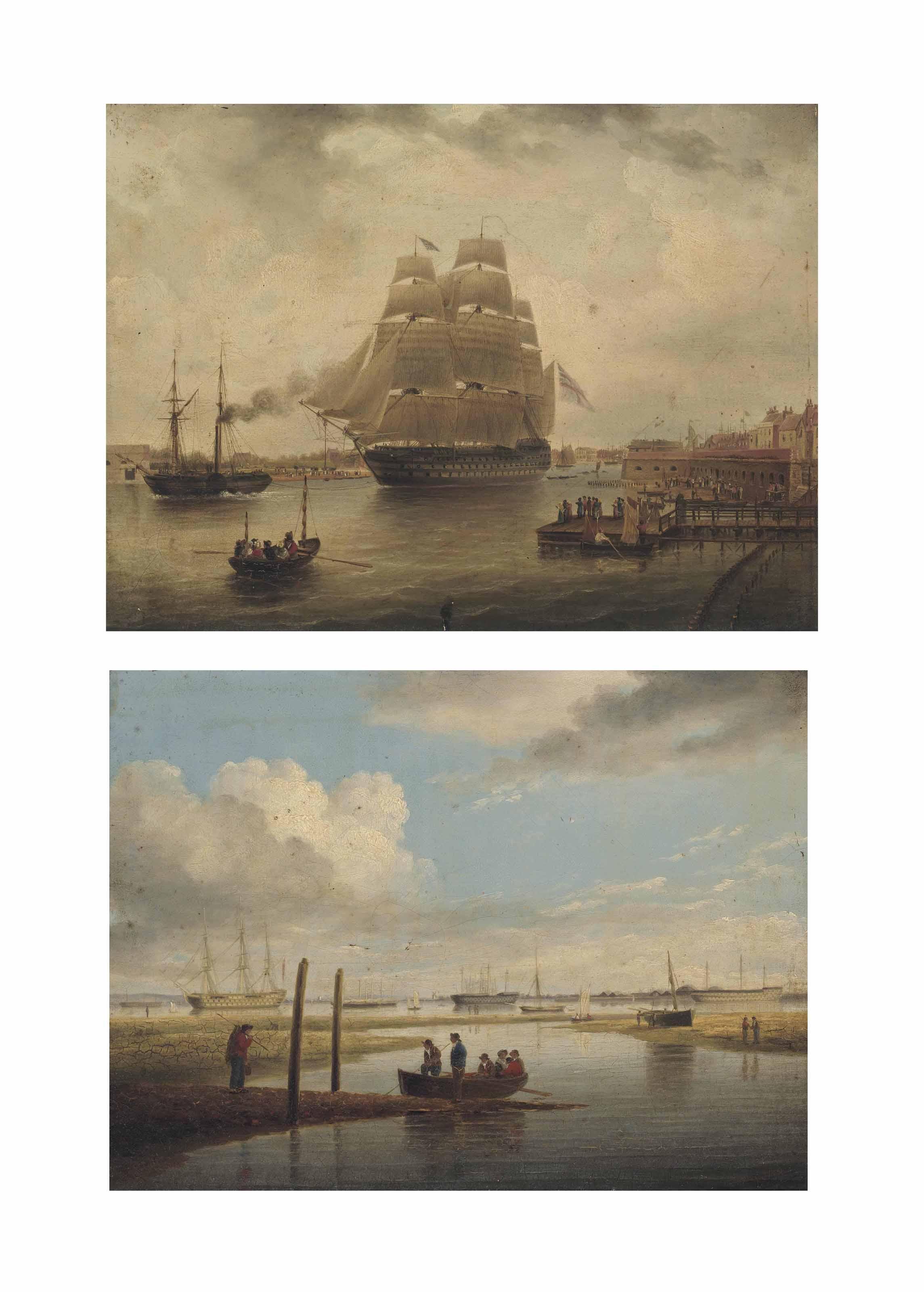 Lieutenant Robert Strickland Thomas, R.N. - H.M.S. Britannia Being Towed Out Of Portsmouth Harbour; And Fishermen At Low Tide, With Hulks At Anchor In The Upper Reaches Of Portsmouth Harbour
