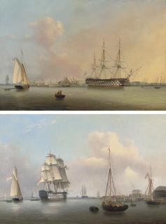 Lieutenant Robert Strickland Thomas, R.N. - Two magnificent First Rates:  H.M.S. Trafalgar and H.M.S. Queen lying off the Royal Dockyard at Sheerness