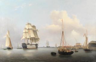 Lieutenant Robert Strickland Thomas - Two magnificent First Rates: HMS Trafalgar and HMS Queen lying off the Royal Dockyard at Sheerness, a pair (2)