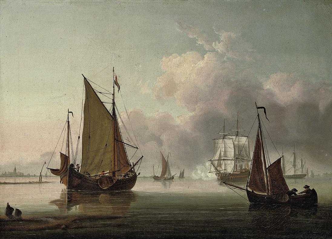 Lieutenant Thomas Yates, R.N. - A two-decker firing a morning gun amidst other shipping in the Thames estuary