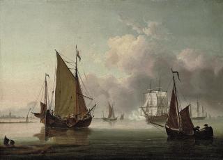 Lieutenant Thomas Yates, R.N. - A two-decker firing a morning gun amidst other shipping in the Thames estuary