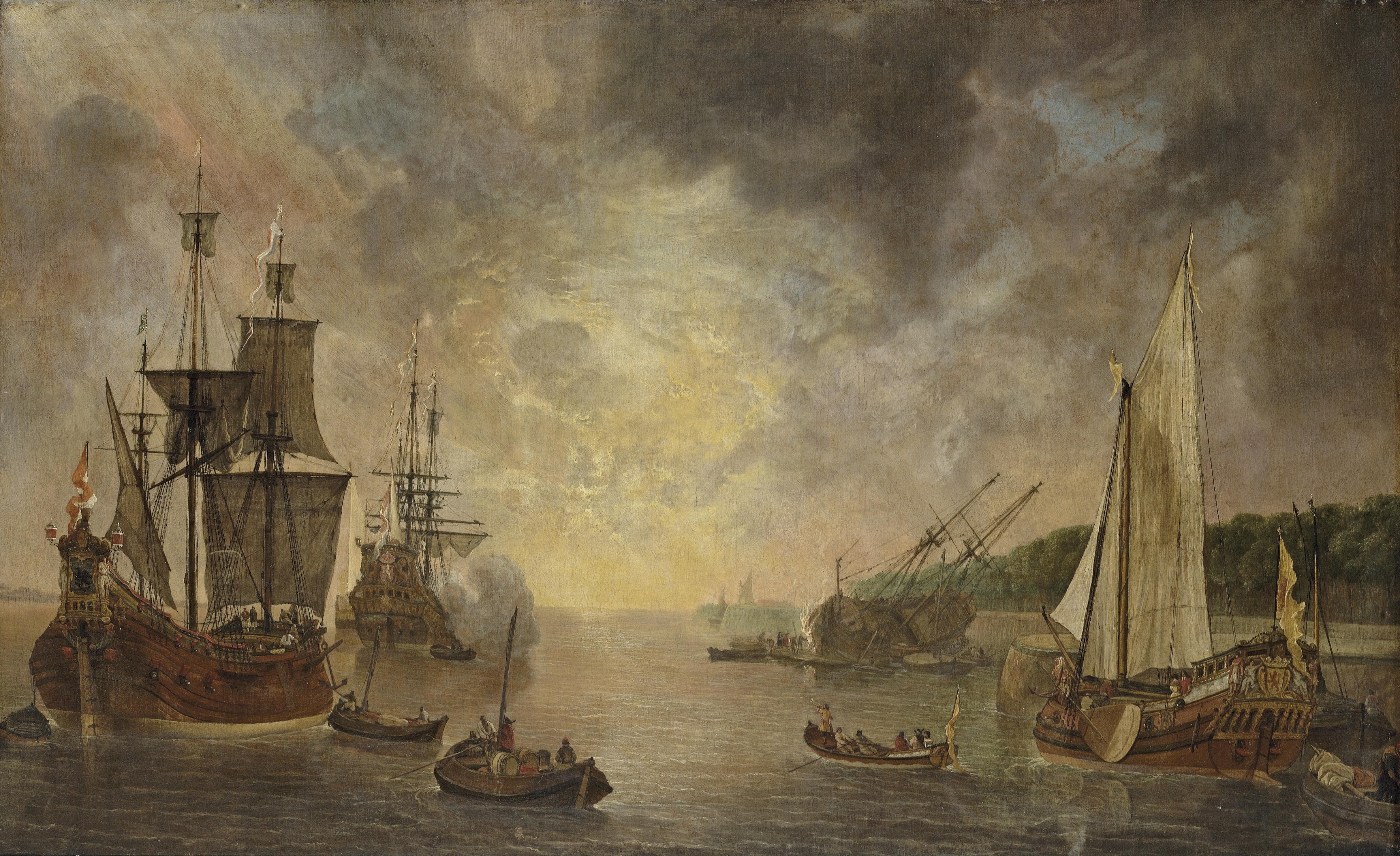 Lieve Pietersz. Verschuier - A harbour with a flute, a frigate firing a salute, a flute being careened and a States Yacht, with other shipping at sunset