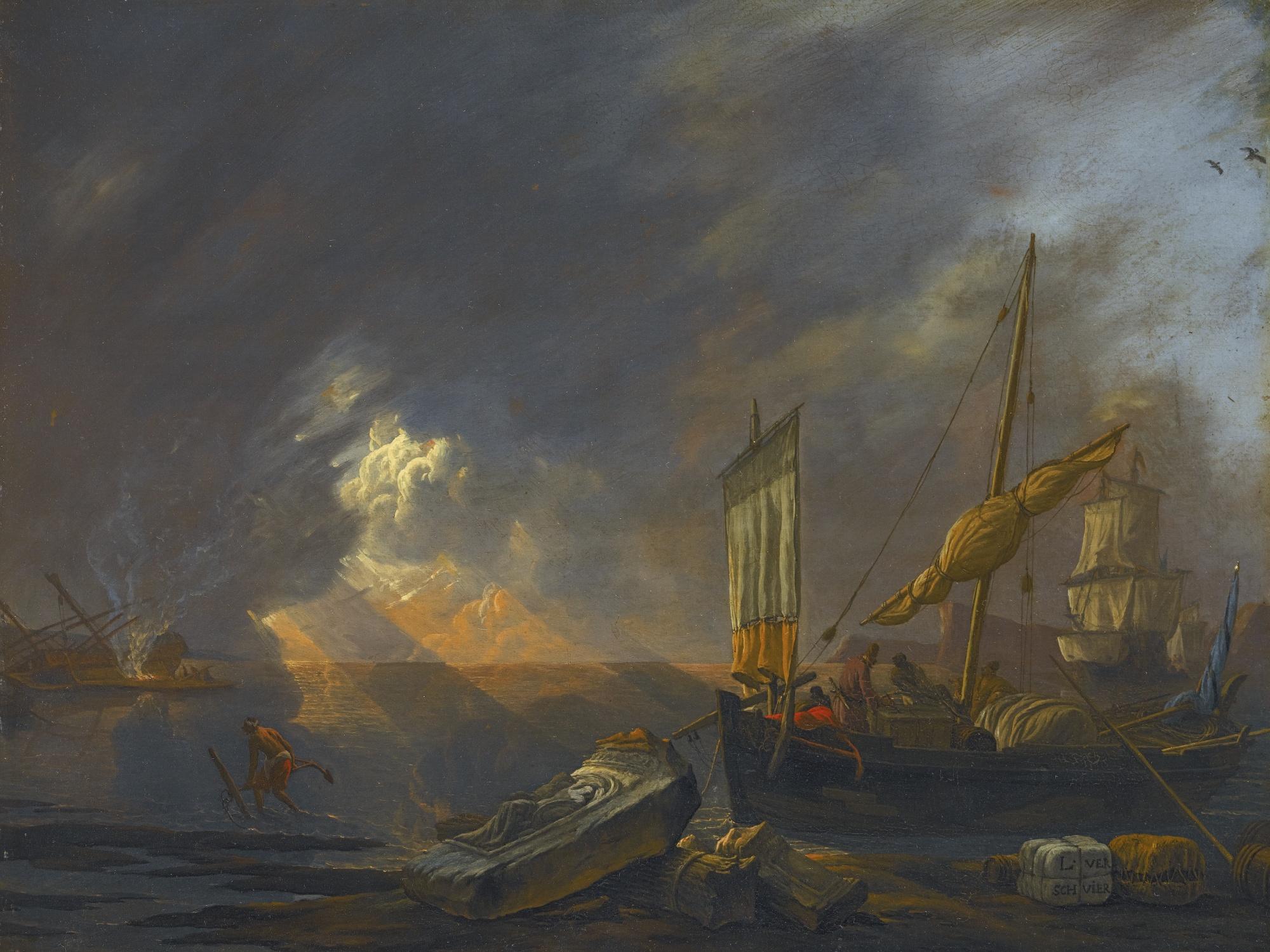 Lieve Pietersz. Verschuier - A Mediterranean Coast At Dawn With A Galliot Preparing To Unload Its Cargo Beside Classical Architectural Fragments, A Frigate Being Caulked Beyond