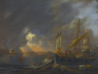 Lieve Pietersz. Verschuier - A Mediterranean Coast At Dawn With A Galliot Preparing To Unload Its Cargo Beside Classical Architectural Fragments, A Frigate Being Caulked Beyond