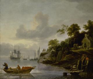 Lieve Pietersz. Verschuier - A River Estuary With Fisherman Casting Their Nets And A Cottage And Horses Beyond