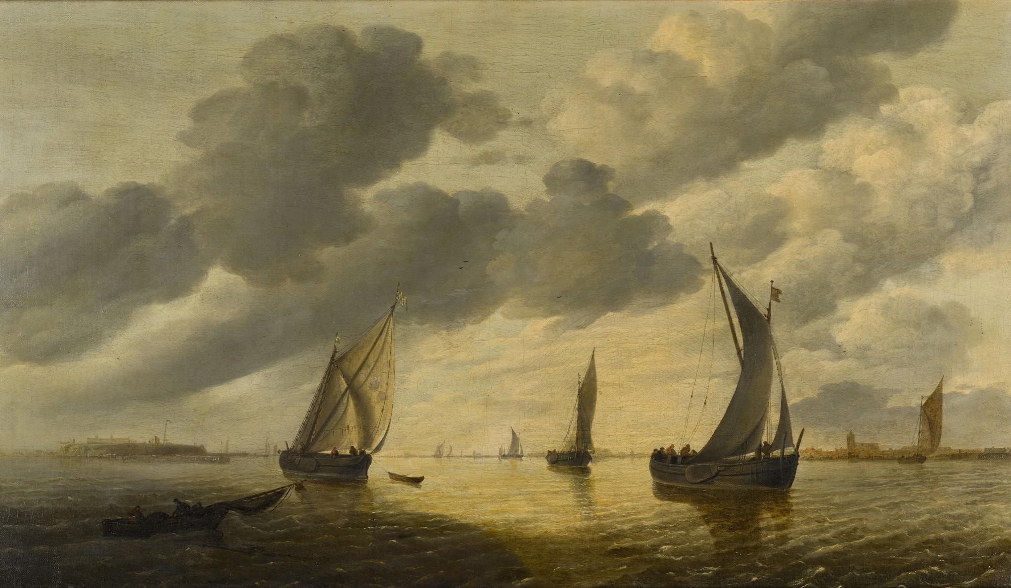 Lieve Pietersz. Verschuier - An estuary scene in late afternoon looking towards the lowering sun, with kaags in a light breeze