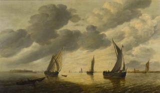 Lieve Pietersz. Verschuier - An estuary scene in late afternoon looking towards the lowering sun, with kaags in a light breeze