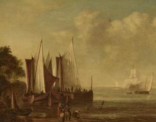 Lieve Pietersz. Verschuier - Sailing barges off the coast with figures standing on the shore