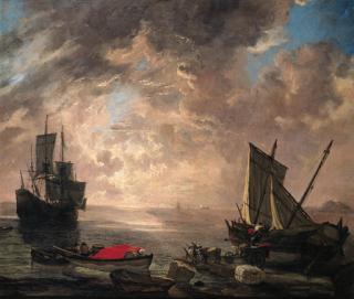 Lieve Pietersz. Verschuier - Sailors unloading cargo from a sailing vessel, moored on a Mediterranean shore, with a rowing boat and a three-master beyond, at dawn